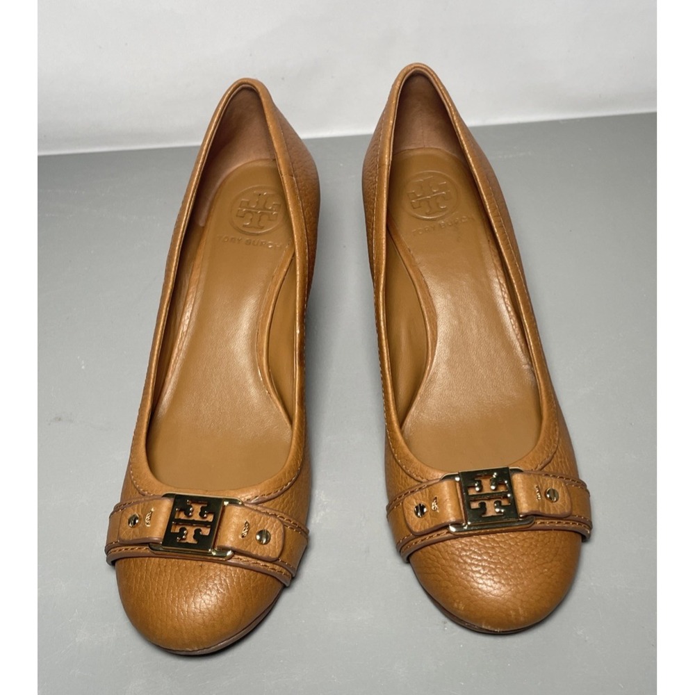 Tory Burch Natalya Mid Wedge Brown Tumbled Leather Size 7.5M